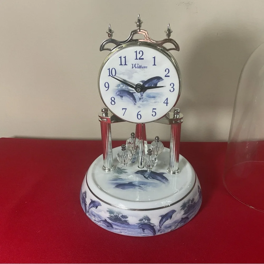 Waltham Dolphin Anniversary Clock Under Glass Dome Spinning Pendulum Working